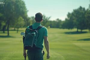 ai genererad golf spelare i en grön skjorta gående med en väska av golf klubbar på hans tillbaka på en golf kurs. foto