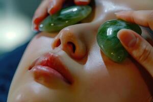 ai genererad guasha ansikte massage med jade sten stänga upp av en ung kvinnors ansikte jade foto
