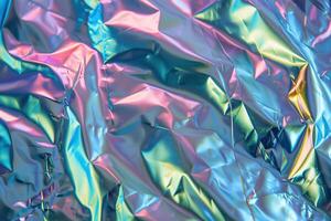 ai genererad regnbågsskimrande holografiska folie bakgrund med pastell färger lutning textur. foto