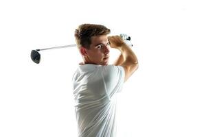 ai genererad professionell golfspelare praktiserande med ljus känslor på vit bakgrund. foto