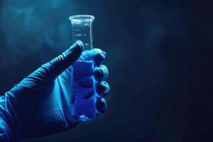 ai genererad hand av forskare med testa rör och flaska i medicinsk kemi labb blå baner bakgrund foto
