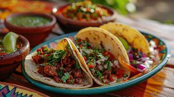 ai genererad mexikansk platillo tacos av barbacoa och vegetarian med såser och färgrik tabell foto