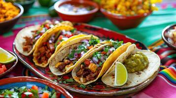 ai genererad mexikansk platillo tacos av barbacoa och vegetarian med såser och färgrik tabell foto