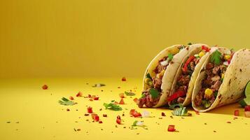 ai genererad traditionell mexikansk tacos med kött och grönsaker på gul bakgrund foto