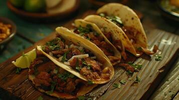 ai genererad äkta mexikansk tacos barbacoa carnitas kyckling. foto