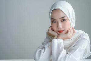 ai genererad asiatisk muslim kvinna i hijab Framställ på tabell vit bakgrund. foto