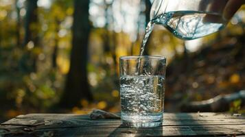 ai genererad vatten från kanna häller in i glas på trä- tabell utomhus foto