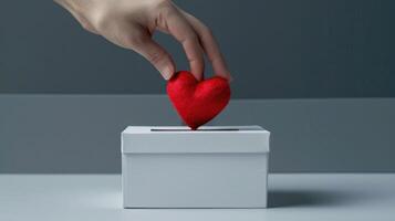ai genererad röd hjärta symbol placerad i donation låda symboliserar välgörenhet. foto