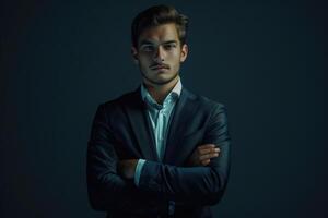 ai genererad porträtt av en framgångsrik ung företag man med hans händer vikta på en mörk bakgrund foto