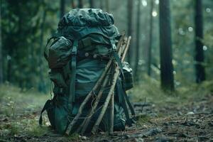 ai genererad hållbar grön sporter ryggsäck fylld med picknick leveranser i skog. foto