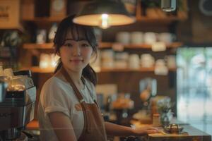 ung japansk kvinna arbetssätt i en Kafé foto