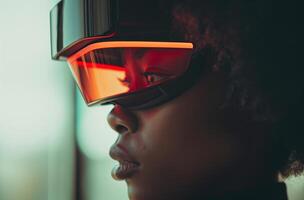 ai genererad kvinna med virtuell verklighet headsetet foto