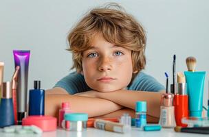 tonåring pojke med kosmetika samling foto