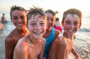 Tonårs Pojkar leende på de strand foto