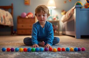 autistisk barn spelar med bollar foto