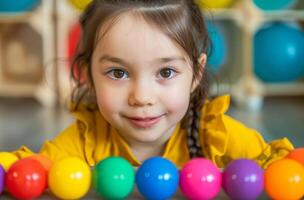 autistisk barn med färgrik bollar foto