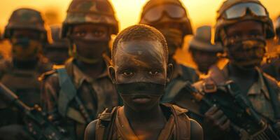 ai genererad barn i militär konflikt i Stöd av frihet för barns dag foto