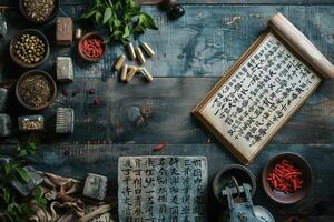 ai genererad tema av friska och naturlig traditionell kinesisk medicin foto