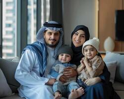 ai genererad Lycklig muslim familj tillsammans på Hem foto
