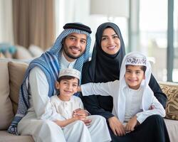 ai genererad Lycklig muslim familj tillsammans på Hem foto