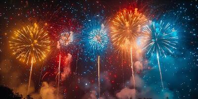 festlig fyrverkeri i de natt himmel på en firande händelse i hedra av ett årsdag eller ny år foto