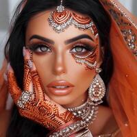 ett östra flicka med fängslande ögon i traditionell orientalisk klädsel foto