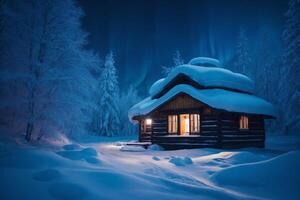 en stuga i de snö på natt med de aurora borealis foto