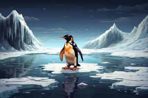 en pingvin stående i de vatten med snö faller foto