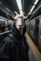 en get bär en luvtröja på en tunnelbana tåg foto