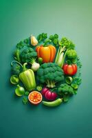 en grön cirkel med grönsaker och frukt på den foto