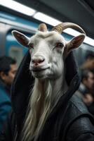 en get bär en luvtröja på en tunnelbana tåg foto