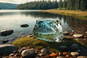 en glas kub Sammanträde på de stenar förbi en sjö foto
