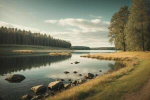 höst landskap med träd och vatten foto