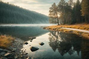 en sjö med stenar och träd i de förgrund foto