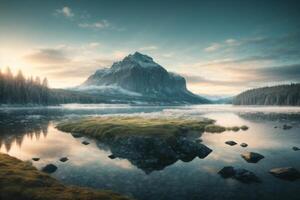 en berg och sjö är reflekterad i de vatten foto