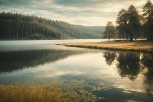 en flod kör genom en fält och skog foto