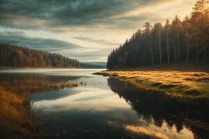 en flod i de skog med dimma och träd foto