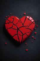 bruten hjärta på svart bakgrund med röd hjärtan foto
