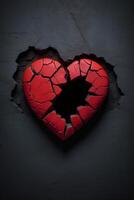 bruten hjärta begrepp med röd hjärta på svart bakgrund foto