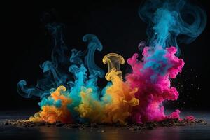 färgrik rök och färgad pulver på en svart bakgrund foto