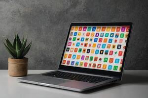 en bärbar dator med många färgrik app ikoner kommande ut av den foto