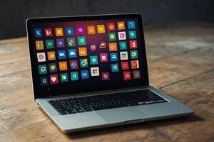 en bärbar dator med många annorlunda app ikoner på de skärm foto