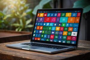 en bärbar dator med många annorlunda app ikoner på den foto
