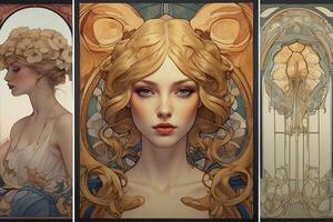 tre annorlunda målningar av kvinnor med lång hår foto