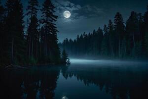 en måne stiger över en sjö på natt foto
