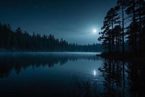 en full måne stiger över en sjö på natt foto