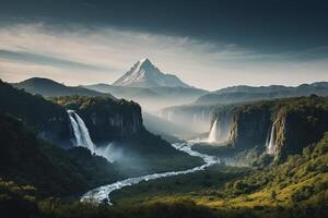 en skön berg landskap med en flod och vattenfall foto