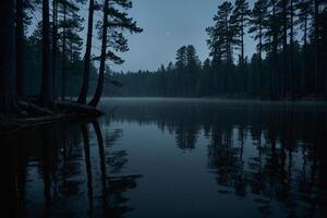 en full måne stiger över en sjö på natt foto