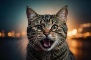 en katt med dess mun öppen och dess ögon bred öppen foto