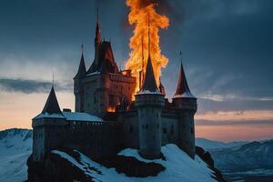 en slott är på brand i de mitten av de snö foto